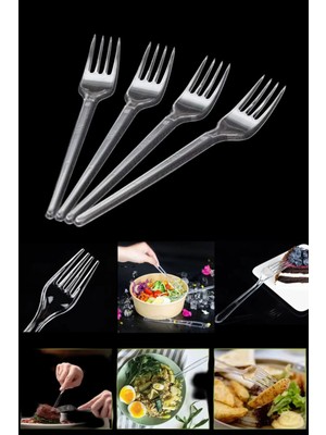 Mikasso 50 Adet Ekstra Kalın Plastik Şeffaf Beyaz Yemek Çatalı Metal Metalik