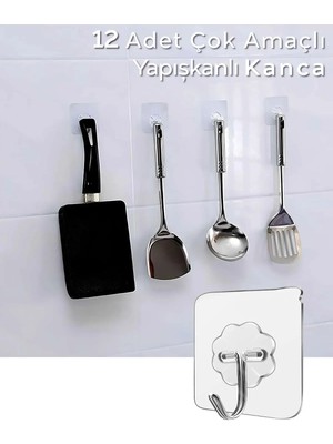 Mikasso 12 Adet Güçlü Şeffaf Duvar Askısı Askılığı Yapışkan Metal Kancalı Mutfak Banyo Askı Plastik Turuncu