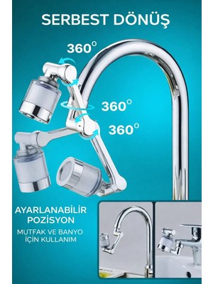 Mikasso Filtreli Musluk Başlığı 360° Döner Mafsallı – Ayarlanabilir Su Tasarruflu Perlatör – Mutfak ve Banyo