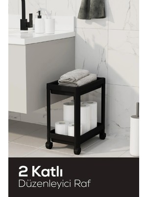 Mikasso 2 Katlı Tekerlekli Düzenleyici Raf - Banyo Dolabı Mutfak Tezgah ve Evye Altı Düzenleyici Siyah Plast