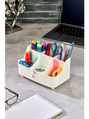 Mikasso Line 6' Bölmeli Çok Amaçlı Masa Üstü Düzenleyici Kalemlik -Takı- Makyaj Organizeri Plastik 22 x 12 B