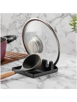 Mikasso Tezgah Üstü Kapak Tutucu ve Kaşıklık Tencere Kapağı Standı Kirli Kaşıklık Kepçe Altlığı - Siyah Plas