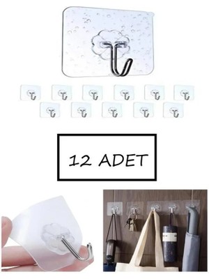 Mikasso Mchome 12 Adet Tekli Şeffaf Güçlü Duvar Askısı Yapışkan Vantuz Kanca Mutfak Banyo Askılık Plastik Be