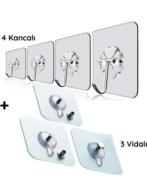 Mikasso 4 Adet Kancalı + 3 Adet Vidalı Şeffaf Ultra Güçlü Kendinden Yapışkanlı Süper Askı (7 Adet) Turuncu