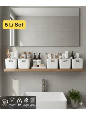 Mikasso Bath 5 Adet Banyo Düzenleyici Organizer Beyaz Renk Plastik Çok Amaçlı Dolap Düzenleyici Plastik 25 x