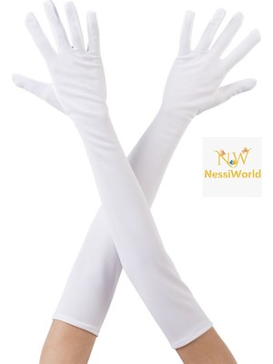 NessiWorld Beyaz Renk Dirseğe Kadar Uzun Kumaş Eldiven 40 cm