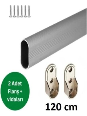 Mikasso Oval Alüminyum 120 cm Dolap Içi Askı Borusu 2 Adet Flanş Vidaları Gri