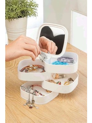 Mikasso Takı Organizeri 4 Katlı Aynalı Kare 360 Derece Dönebilen Takı Organizer Kutusu Plastik Beyaz