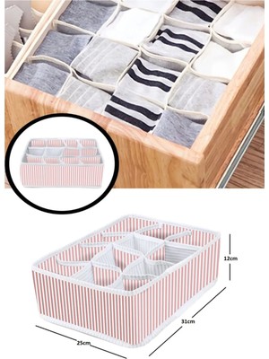Mikasso 12 Bölmeli Pembe Çizgili Çekmece Içi Düzenleyici Kumaş Beyaz