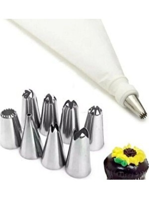 Mikasso Krema Sıkma Torbası Seti 10 Parça Pasta Krema Kek Süsleme Torbası Paslanmaz Çelik Uçlu Paslanmaz Çel