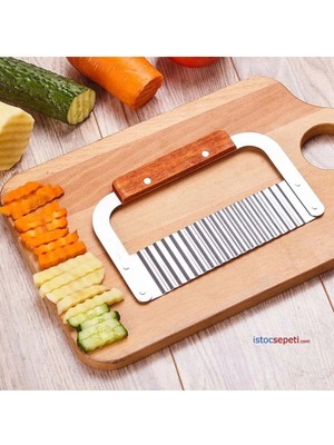 Mikasso Pratik Paslanmaz Çelik Ahşap Kollu Saplı Patates Meyve Sebze Doğrama Dilimleme Kesme Cips Bıçağı Çel