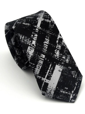 Gaffy Beyaz Desenli Siyah Dokuma Kumaş Mendilli Slim Fit Kravat // SDK-2601-1