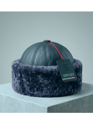 Sdnyazo Düz Deri ve Lacivert Kürklü Erkek Siyah Börk Şapka