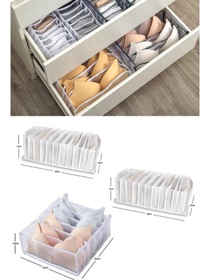 Mikasso Small / Medium / Sütyen Çekmece Içi Düzenleyici Organizer 3'lü Set Kumaş Beyaz