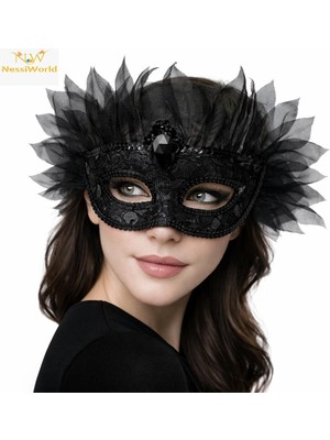 NessiWorld Siyah Taşlı Venedik Maskesi Lüks Tüllü Parti Maskesi