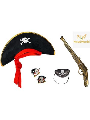 NessiWorld Korsan Şapkası + Tabanca + Maske + 2 Adet Yüzük Kostüm Seti Çocuk