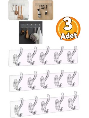 Mikasso 3 Adet 5'li Kendinden Yapışkanlı Güçlü Şeffaf Askılık - Kapı Arkası Mutfak Duvar Banyo Askısı Turunc