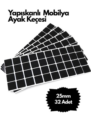 Mikasso Siyah Kare Yapışkanlı Mobilya Masa Sandalye Zemin Ayak Koruyucu Kaydırmaz Keçesi 25X25MM (32 Adet) S