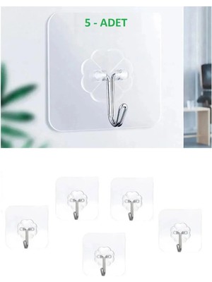 Mikasso Kendinden Yapışkanlı Şeffaf Çengelli Banyo Mutfak Oda Askısı 5 Adet Plastik Beyaz Tr