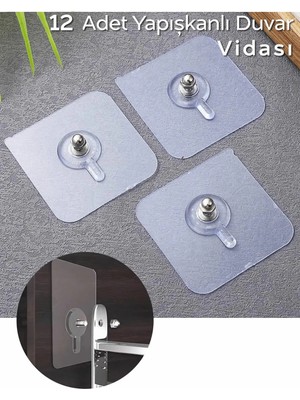 Mikasso Matkap Delme Yok ! 12 Adet Güçlü Yapışkanlı Duvar Vidası - Elbise Çervece Askısı Duvar Kancası Çivi