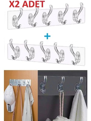 Mikasso 2 Adet Kendinden Yapışkanlı Güçlü Şeffaf 5'li Askılık - Kapı Arkası Mutfak Duvar Banyo Plastik