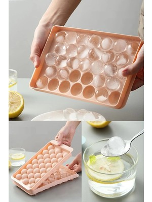 Mikasso Pumo Pembe 33 Bölmeli Kapaklı Küre Buz Kalıbı Dondurma Kalıbı Buz Saklama Kabı Sunumluk Plastik