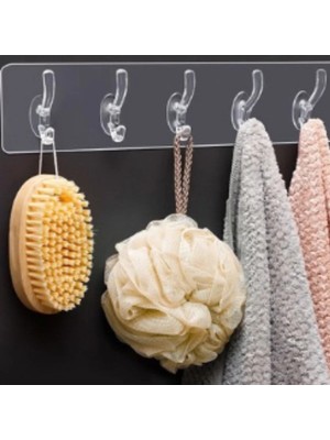 Mikasso Kendinden Yapışkanlı Güçlü Şeffaf Askılık | Şeffaf Yapışkanlı Sihirli Askı 5 Adet Kanca Plastik Beya