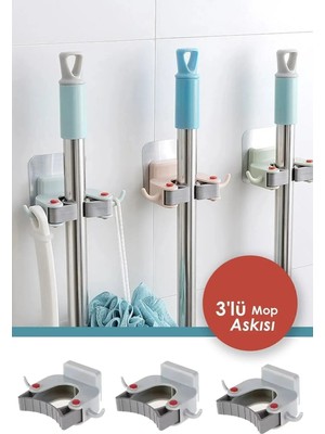Mikasso 3'lü Paspas Süpürge Fırça ve Mop Askısı Sap Tutucu Mutfak Banyo Askı Gri