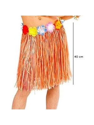 NessiWorld Yetişkin ve Çocuk Uyumlu Turuncu Renk Püsküllü Hawaii Luau Hula Etek 40 cm