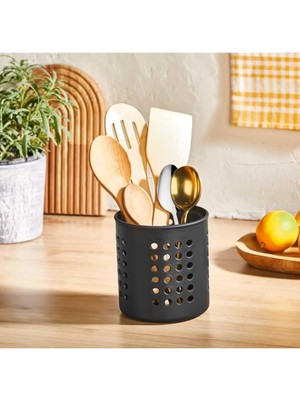 Mikasso Yeni Nesil Siyah Silindir Kaşıklık Tezgah Üstü Servis Standı Dik Kaşıklık Düzenleyici Plastik Siyah