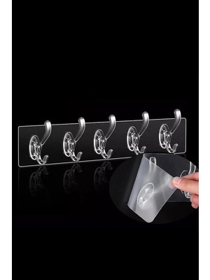 Mikasso 5'li Yapışkanlı Şeffaf Duvar Askısı Banyo Mutfak Düzenleyici Pratik Askılık Plastik Siyah