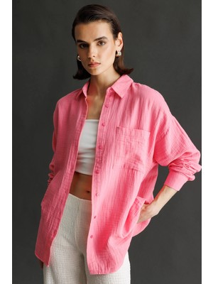 3833 Kadın Oversize Cepli Müslin Gömlek Pembe