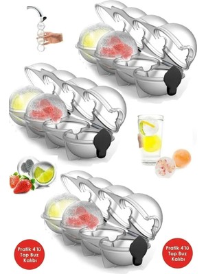 Mikasso 4'lü Küre Buz Topu Kalıbı - Yuvarlak Içecek Buz Topu Dondurucu Buzluk Saklama ve Sunum Kabı Plastik