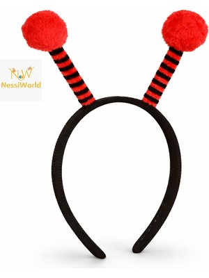 NessiWorld Kırmızı Siyah Uğur Böceği Antenli Taç - Çocuk Uğur Böceği Tacı Mega Ponponlu