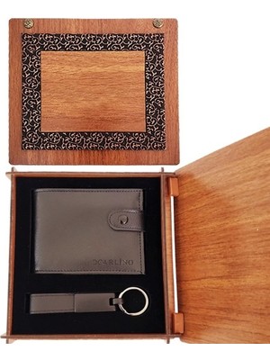 Ett Dekoratif Hediyelik Ahşap Kutulu Cüzdan ve Mat Siyah Anahtarlık