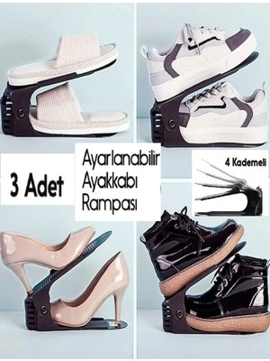 Mikasso ( 3 Adet ) Ayarlanabilir 4 Kademeli Ayakkabı Rampası Dekoratif Ayakkabılık Düzenleyici Siyah Plast