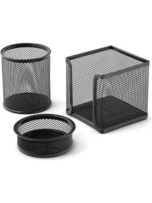 Mikasso Masa Üstü 3 Lü Set Ataşlık Notluk Kalemlik Siyah Siyah 13 x 22 cm