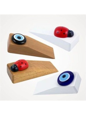 Mikasso Kapı Stoperi - Ahşap Kapı Stoperi - El Yapımı Kapı Stoperi Beyaz Uğurböcekli