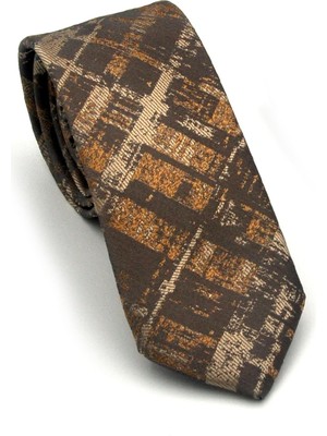 Gaffy Kahverengi Desenli Bej Dokuma Kumaş Mendilli Slim Fit Kravat // SDK-2601-6