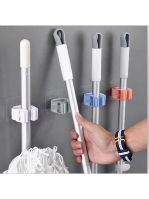 Mikasso 2 Adet Renkli Yapışkanlı Duvara Monte Mop Paspas Fırça Sapı Tutucu Askısı Çok Renkli