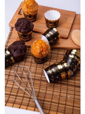 Mikasso Gold Yaldızlı Siyah 12'li Kek Kalıbı Iyiki Doğdun Yazılı Fırında Dağılmayan 6.5x5 cm Muffin Cupcake