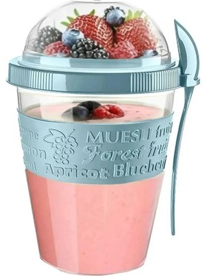 Mikasso Take'n Go Pratik Yoğurt Kabı Mavi | Taşınabilir Kaşıklı Müsli Atıştırmalık Dondurma Kabı 600ML Plast