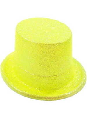 NessiWorld Floresan Sarı Renk Simli Uzun Fötr Melon Şapka 12 cm