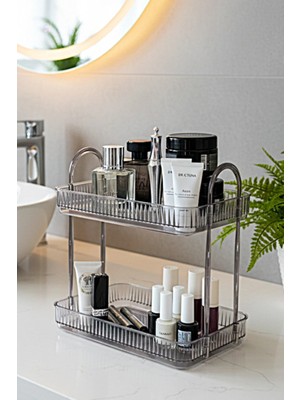 Mikasso 2 Katlı Makyaj Organizeri Kozmetik Aksesuar Düzenleyici Banyo Rafı Stone Plastik Gri Tr