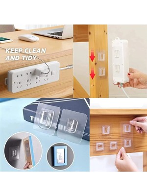 Mikasso 4 Adet Çift Taraflı Yapışkanlı Geçmeli Klips Eşya Sabitleme Askısı Şeffaf Duvar Kancası Plastik Turu