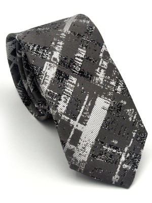 Gaffy Füme Desenli Gri Dokuma Kumaş Mendilli Slim Fit Kravat // SDK-2601-3
