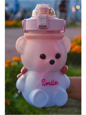 Mikasso Ayıcık Desenli Motivasyon Matarası 1,2 Litre Plastik Su Şişesi Geniş Depolama Özellikli