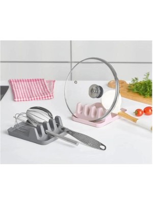 Mikasso Tezgah Üstü Kapak Tutucu ve Kaşıklık Tencere Kapağı Standı Kirli Kaşıklık Kepçe Altlığı - Gri Plasti