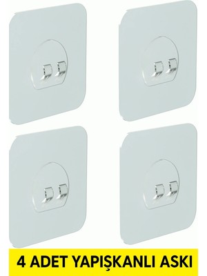 Mikasso 4 Adet Güçlü Şeffaf Duvar Askısı Matkapsız, Güçlü Tutucu,banyo ve Mutfak Kullanımı 7x7 cm Beyaz