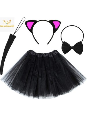 NessiWorld Kedi Kulak Taç Etek Kuyruk ve Papyon 4 Lü Set Çocuk Fuşya